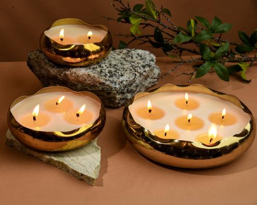 Golden Hour Glow Urli - Set of 3 Scented Candles | Diya Decoration | Urli Bowl