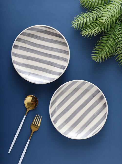 Hand Painted Crosswalk Grey Striped White Ceramic Dinner Plates Set of 2