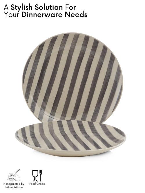 Hand Painted Crosswalk Grey Striped White Ceramic Dinner Plates Set of 2