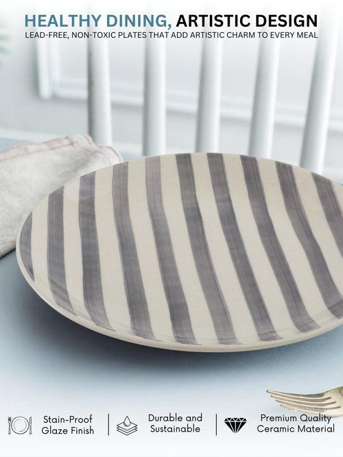 Hand Painted Crosswalk Grey Striped White Ceramic Dinner Plates Set of 2