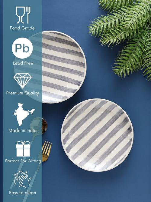 Hand Painted Crosswalk Grey Striped White Ceramic Dinner Plates Set of 2