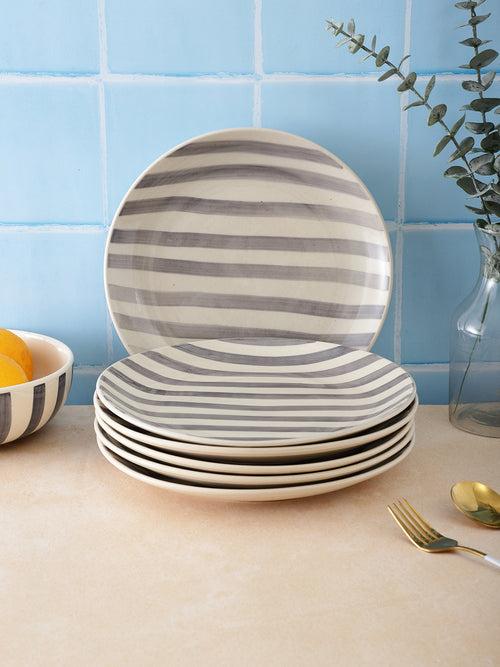 Hand Painted Crosswalk Grey Striped White Ceramic Dinner Plates Set of 6