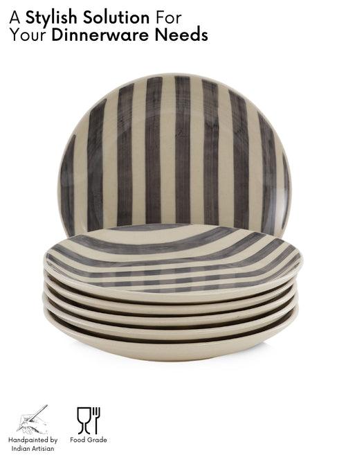 Hand Painted Crosswalk Grey Striped White Ceramic Dinner Plates Set of 6