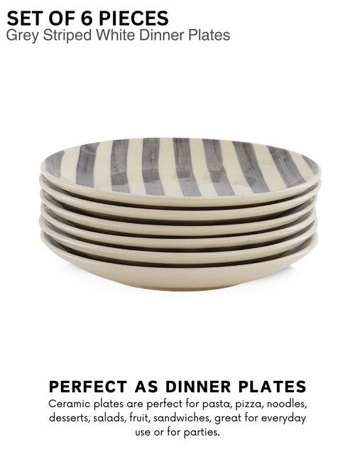 Hand Painted Crosswalk Grey Striped White Ceramic Dinner Plates Set of 6