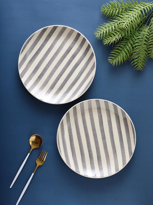 Hand Painted Crosswalk Grey Striped White Ceramic Quarter Plates Set of 6