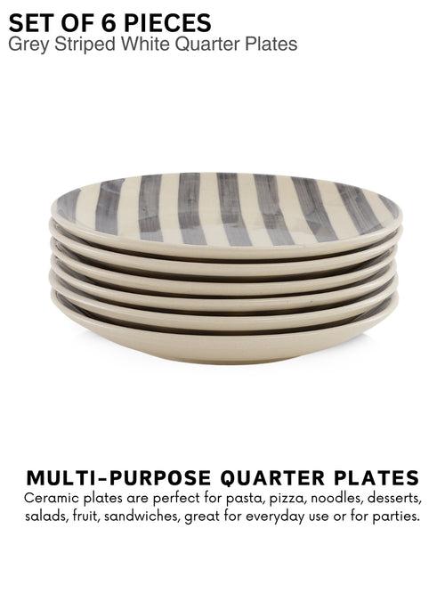 Hand Painted Crosswalk Grey Striped White Ceramic Quarter Plates Set of 6