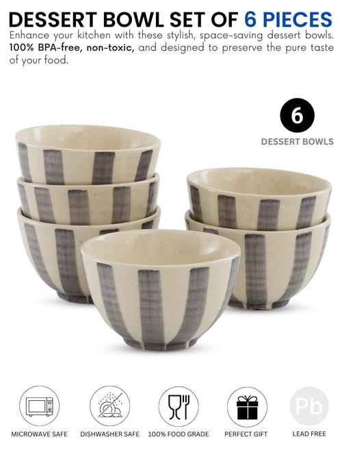 Crosswalk Hand Crafted Grey Striped White Ceramic Dessert Bowls Set of 6