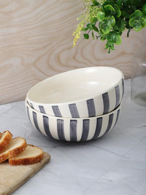 Crosswalk Hand Crafted Grey Striped White Ceramic 7 Inch Serving Bowls Set of 2