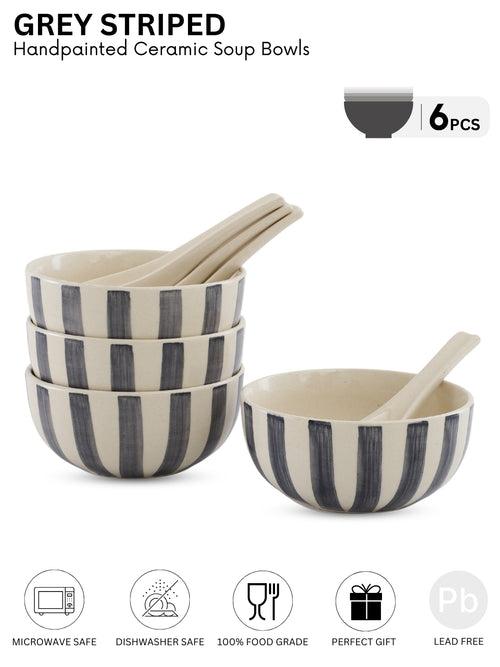 Crosswalk Hand Crafted Grey Striped White Ceramic Soup Bowls Set of 6 with Spoons