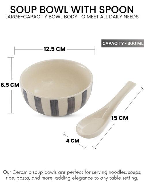 Crosswalk Hand Crafted Grey Striped White Ceramic Soup Bowls Set of 6 with Spoons