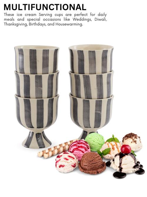 Crosswalk Hand Crafted Grey Striped White Ceramic Ice Cream Cups Set of 6