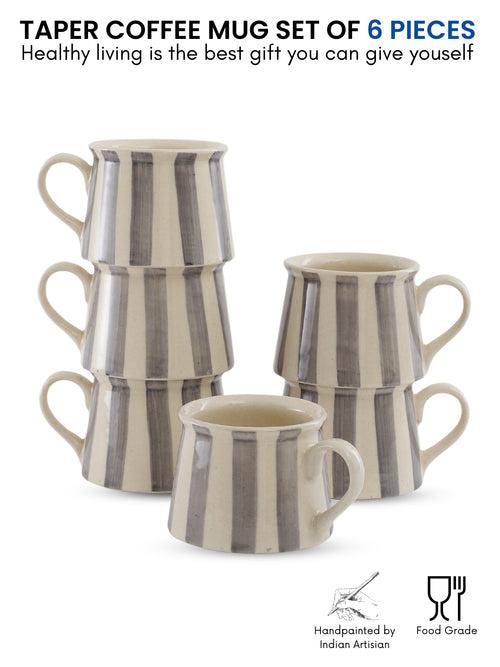 Crosswalk Handmade Grey Striped White Ceramic Taper Coffee Mugs Set of 6