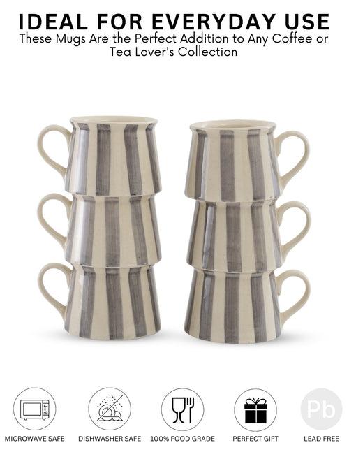 Crosswalk Handmade Grey Striped White Ceramic Taper Coffee Mugs Set of 6