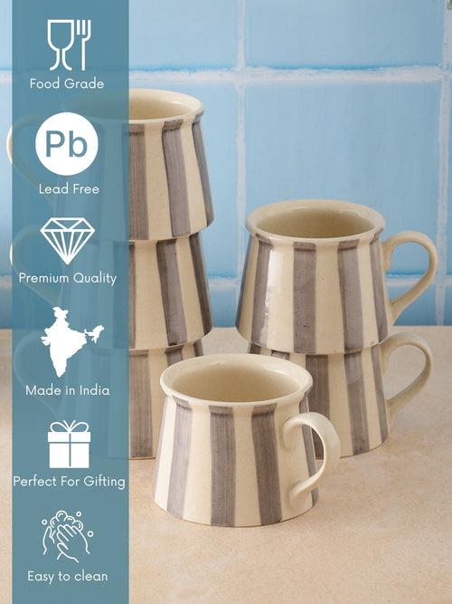 Crosswalk Handmade Grey Striped White Ceramic Taper Coffee Mugs Set of 6