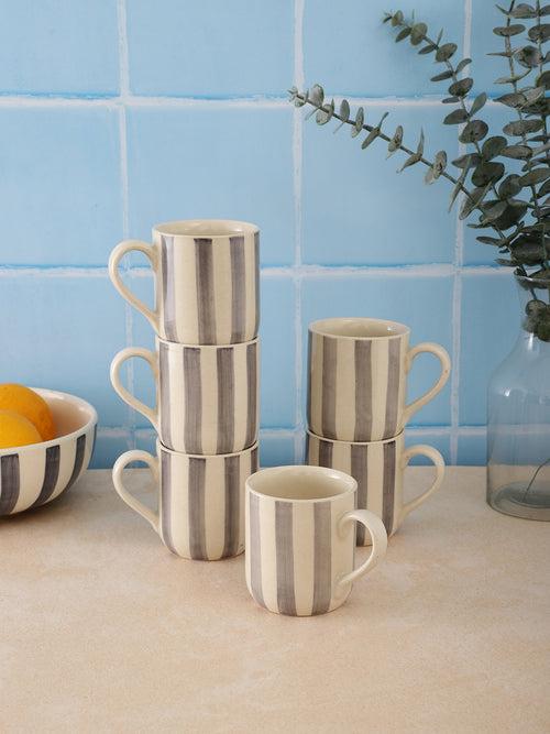 Crosswalk Handmade Grey Striped White Ceramic U Mugs Set of 6