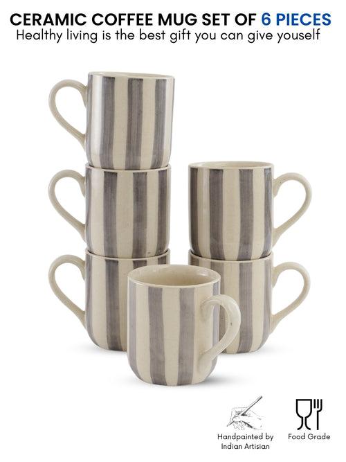 Crosswalk Handmade Grey Striped White Ceramic U Mugs Set of 6