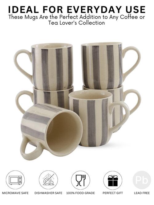 Crosswalk Handmade Grey Striped White Ceramic U Mugs Set of 6