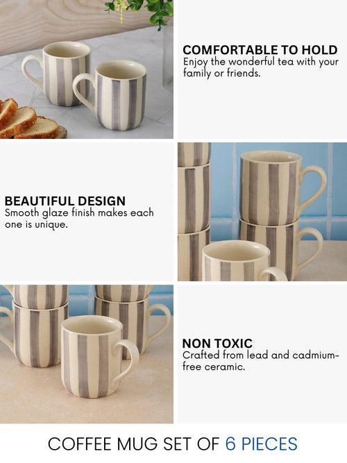 Crosswalk Handmade Grey Striped White Ceramic U Mugs Set of 6