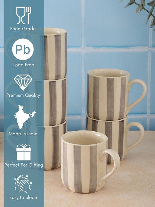 Crosswalk Handmade Grey Striped White Ceramic U Mugs Set of 6