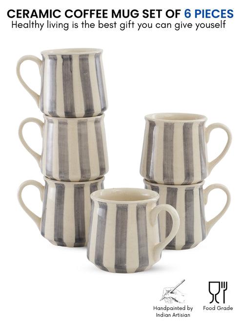 Crosswalk Handmade Grey Striped White Ceramic Coffee Mugs Set of 6