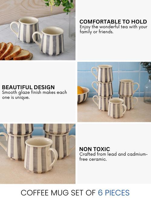 Crosswalk Handmade Grey Striped White Ceramic Coffee Mugs Set of 6