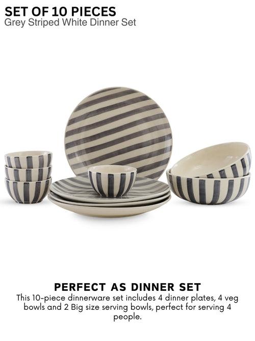 Hand Painted Crosswalk Grey Striped White Ceramic 10 Pc Dinner Set