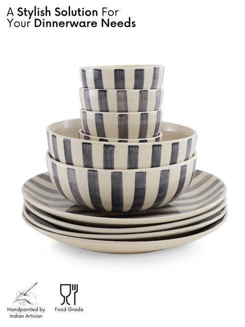 Hand Painted Crosswalk Grey Striped White Ceramic 10 Pc Dinner Set