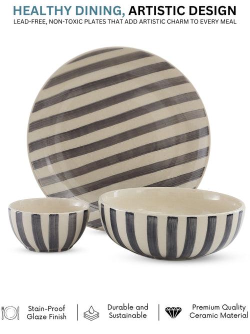 Hand Painted Crosswalk Grey Striped White Ceramic 10 Pc Dinner Set