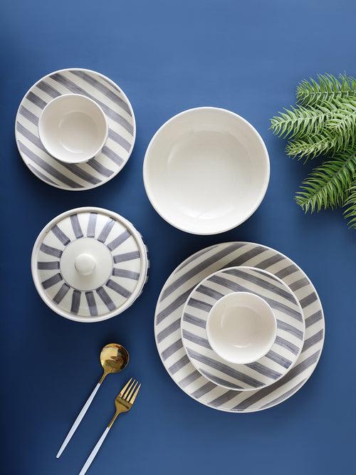 Crosswalk Handmade Grey Striped White Ceramic 11 Pc Dinner Set