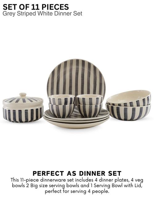 Crosswalk Handmade Grey Striped White Ceramic 11 Pc Dinner Set