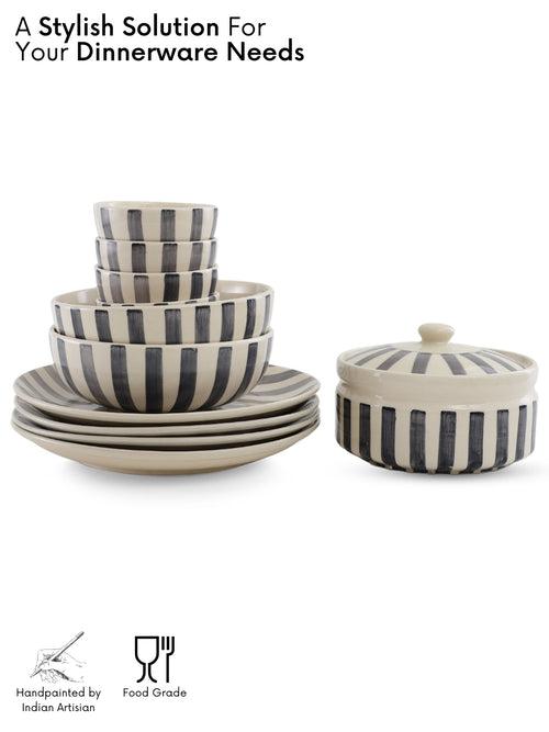 Crosswalk Handmade Grey Striped White Ceramic 11 Pc Dinner Set