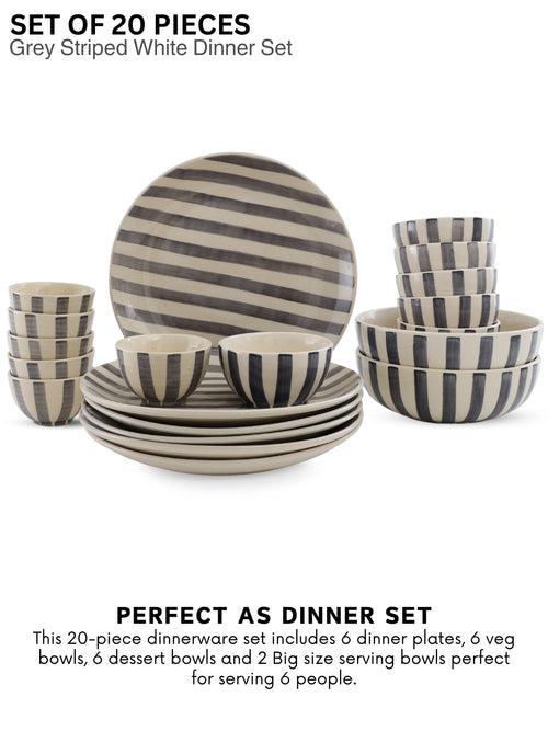 Crosswalk Handmade Grey Striped White Ceramic 20 Pc Dinner Set