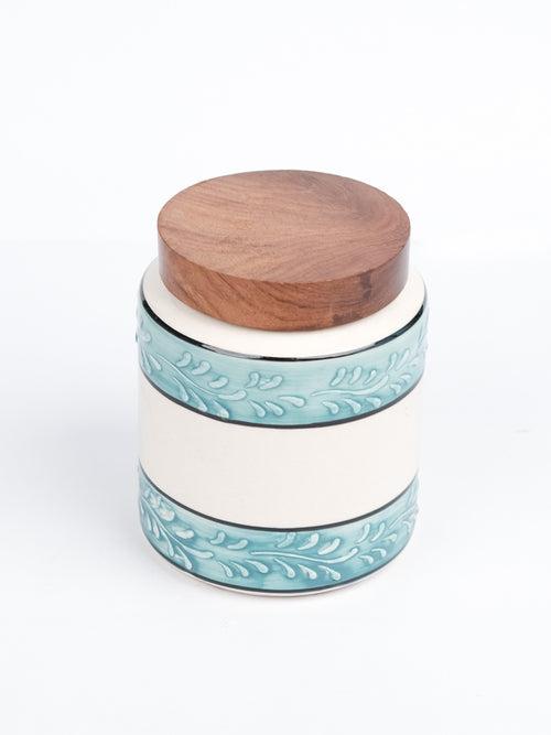 Aqua Green White Embossed Ceramic Air Tight Jar with Wooden Lid