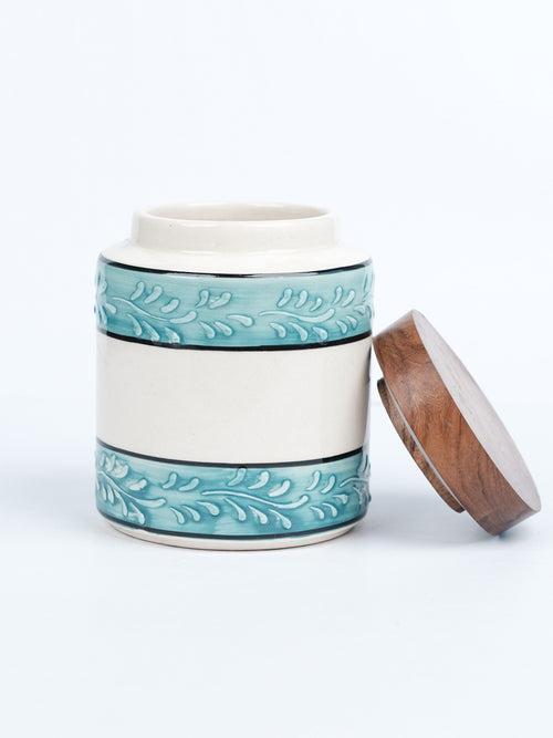 Aqua Green White Embossed Ceramic Air Tight Jar with Wooden Lid