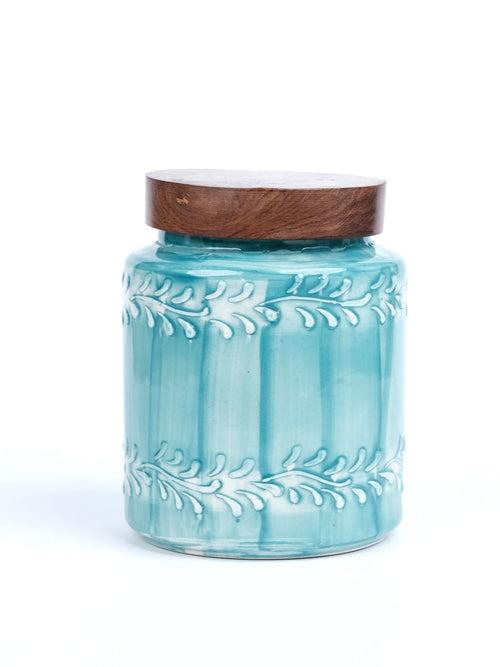 Aqua Green Embossed Ceramic Air Tight Jar with Wooden Lid