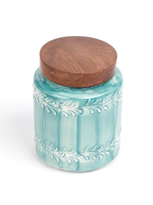 Aqua Green Embossed Ceramic Air Tight Jar with Wooden Lid