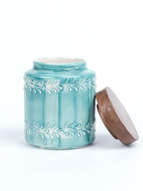 Aqua Green Embossed Ceramic Air Tight Jar with Wooden Lid