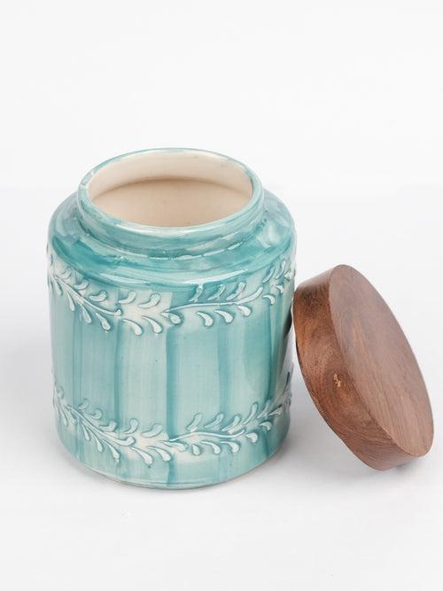 Aqua Green Embossed Ceramic Air Tight Jar with Wooden Lid