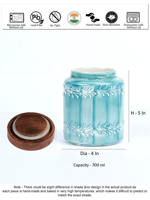 Aqua Green Embossed Ceramic Air Tight Jar with Wooden Lid