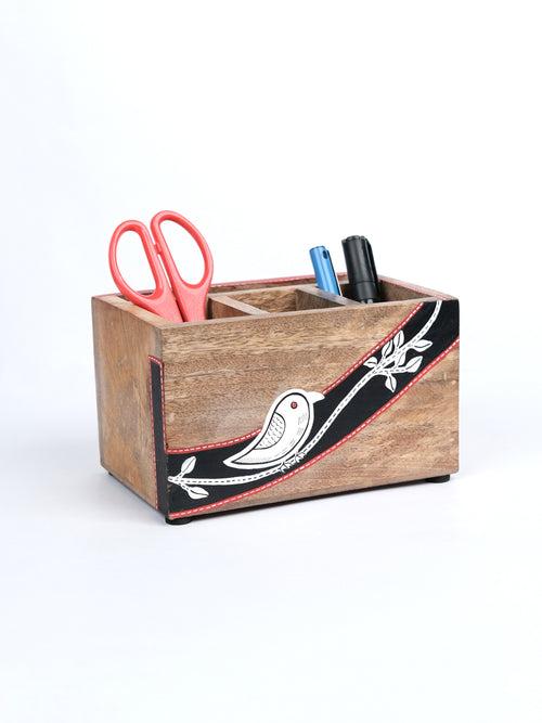 Chiraiya Black Bird Mango Wood Pen Holder/ Desk Organizer