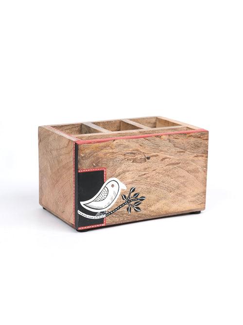 Chiraiya Black Bird Mango Wood Pen Holder/ Desk Organizer