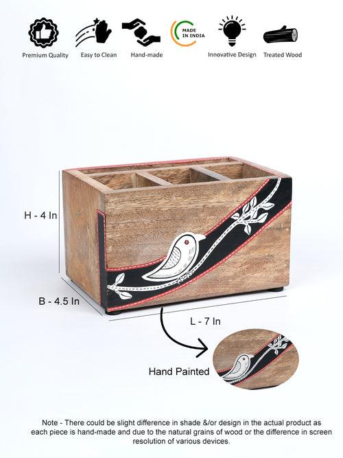 Chiraiya Black Bird Mango Wood Pen Holder/ Desk Organizer