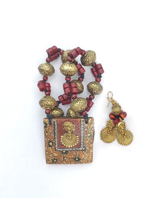 The Royal Lady Maroon and Gold Square Dhokra Pendant Handmade Jewellery Set