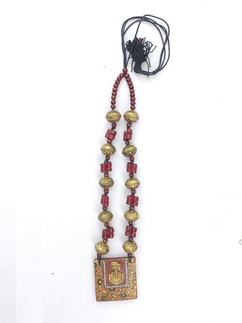 The Royal Lady Maroon and Gold Square Dhokra Pendant Handmade Jewellery Set