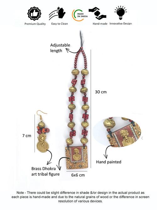 The Royal Lady Maroon and Gold Square Dhokra Pendant Handmade Jewellery Set