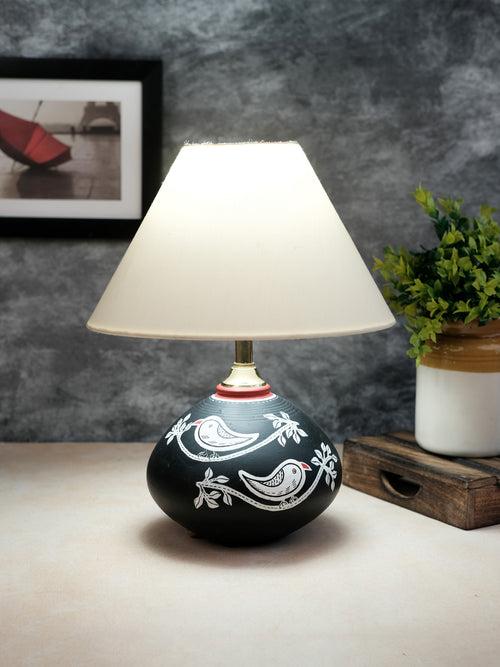 Hand Painted  Chiraiya White Bird Black Terracotta Lamp