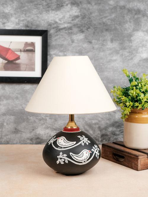 Hand Painted  Chiraiya White Bird Black Terracotta Lamp