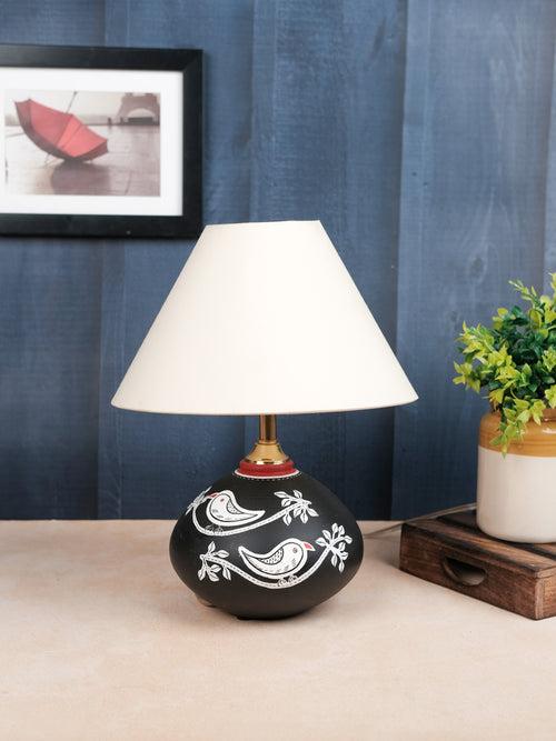 Hand Painted  Chiraiya White Bird Black Terracotta Lamp