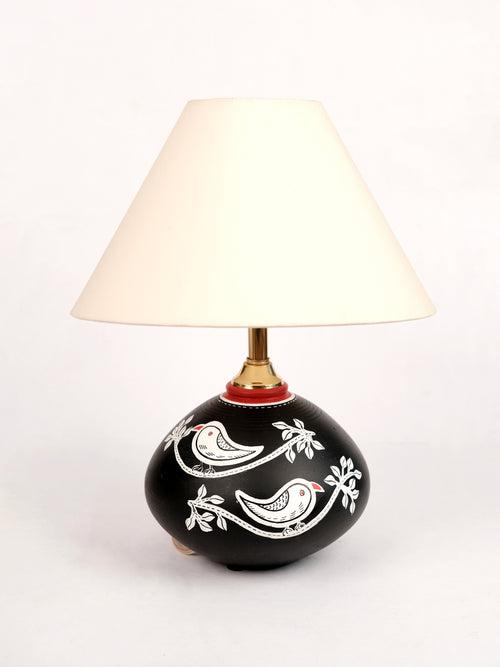 Hand Painted  Chiraiya White Bird Black Terracotta Lamp