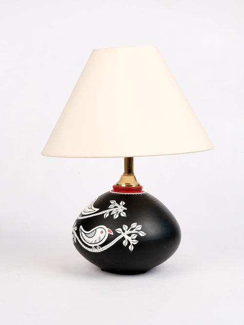 Hand Painted  Chiraiya White Bird Black Terracotta Lamp